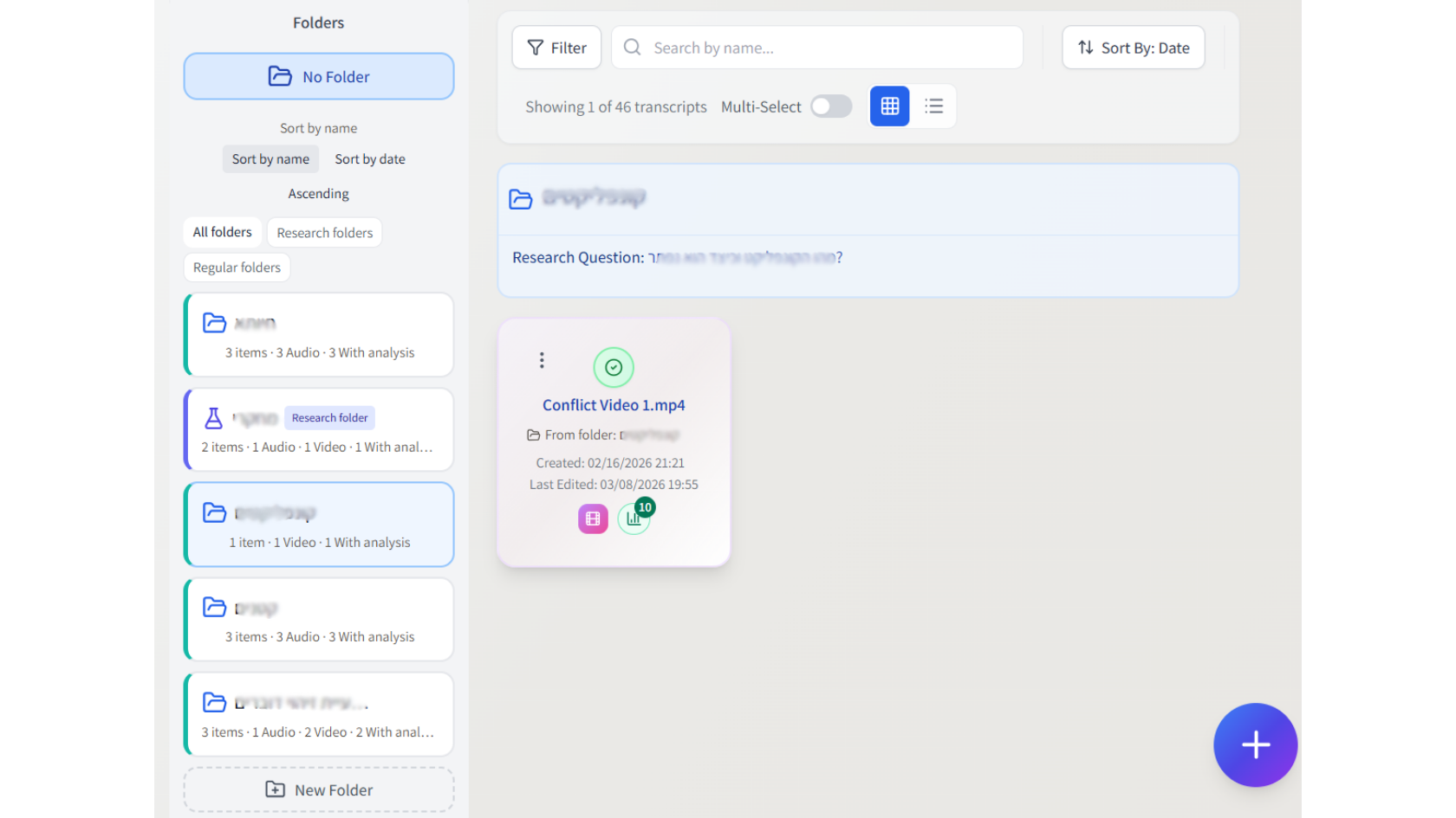 Dashboard with transcript folders: User Research, Thesis Interviews, Client Interviews