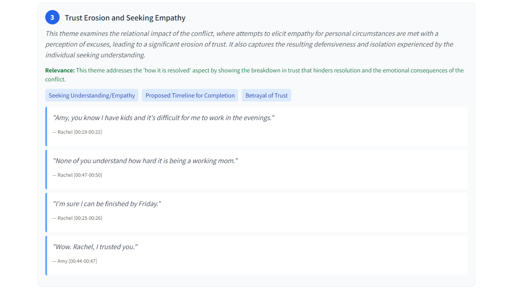 Interview transcript with quotes, speaker labels and structured findings panel