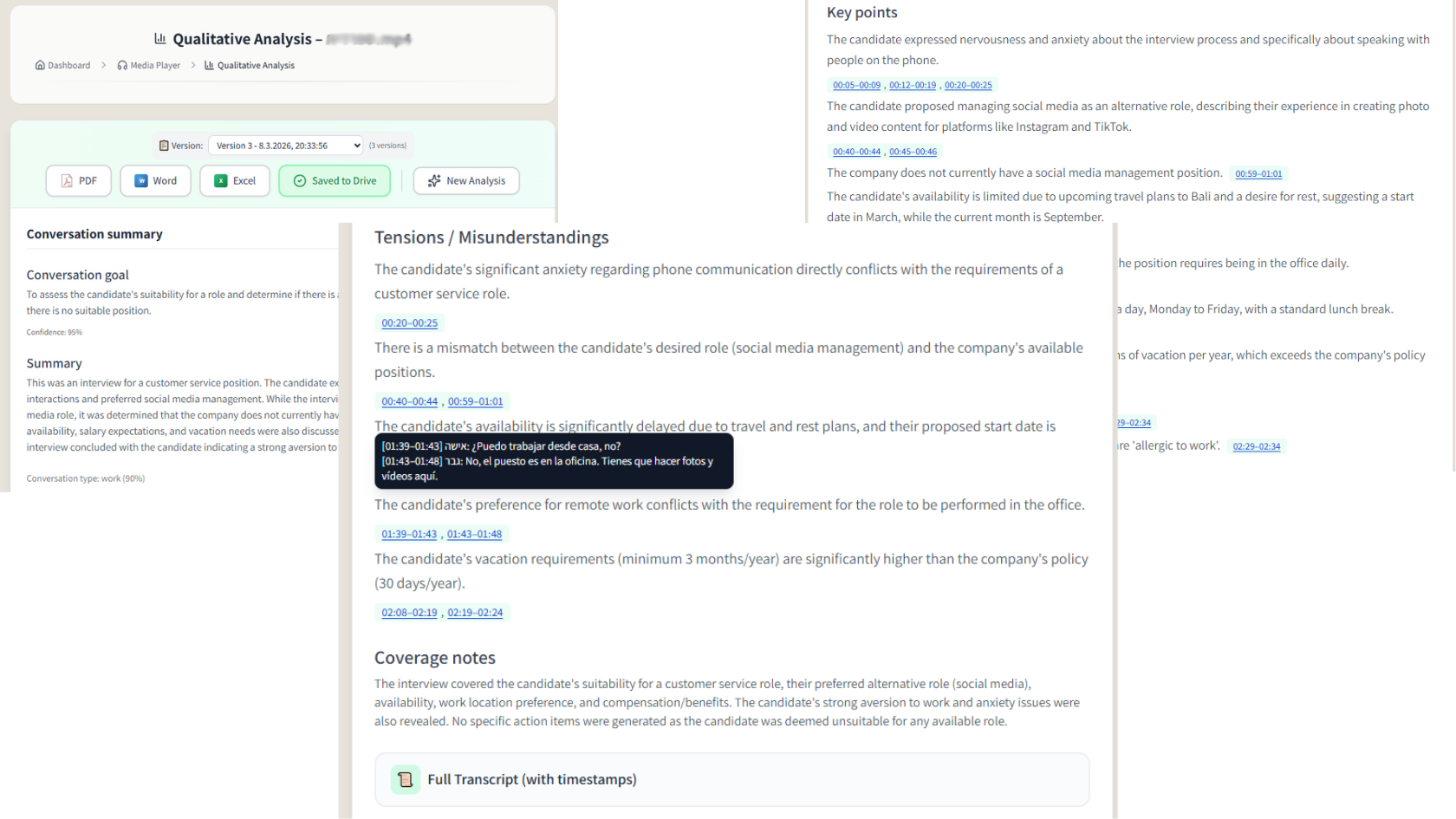 Meeting transcript with AI summary sections: Decisions, Action Items, Open Questions