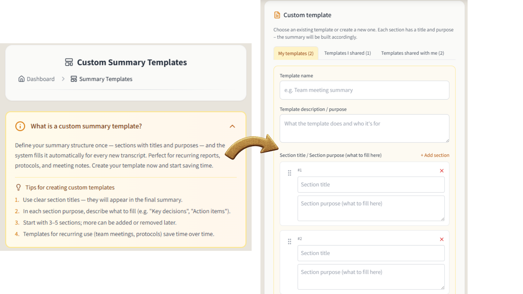 Custom summary template for interview analysis with themes, quotes and timestamps