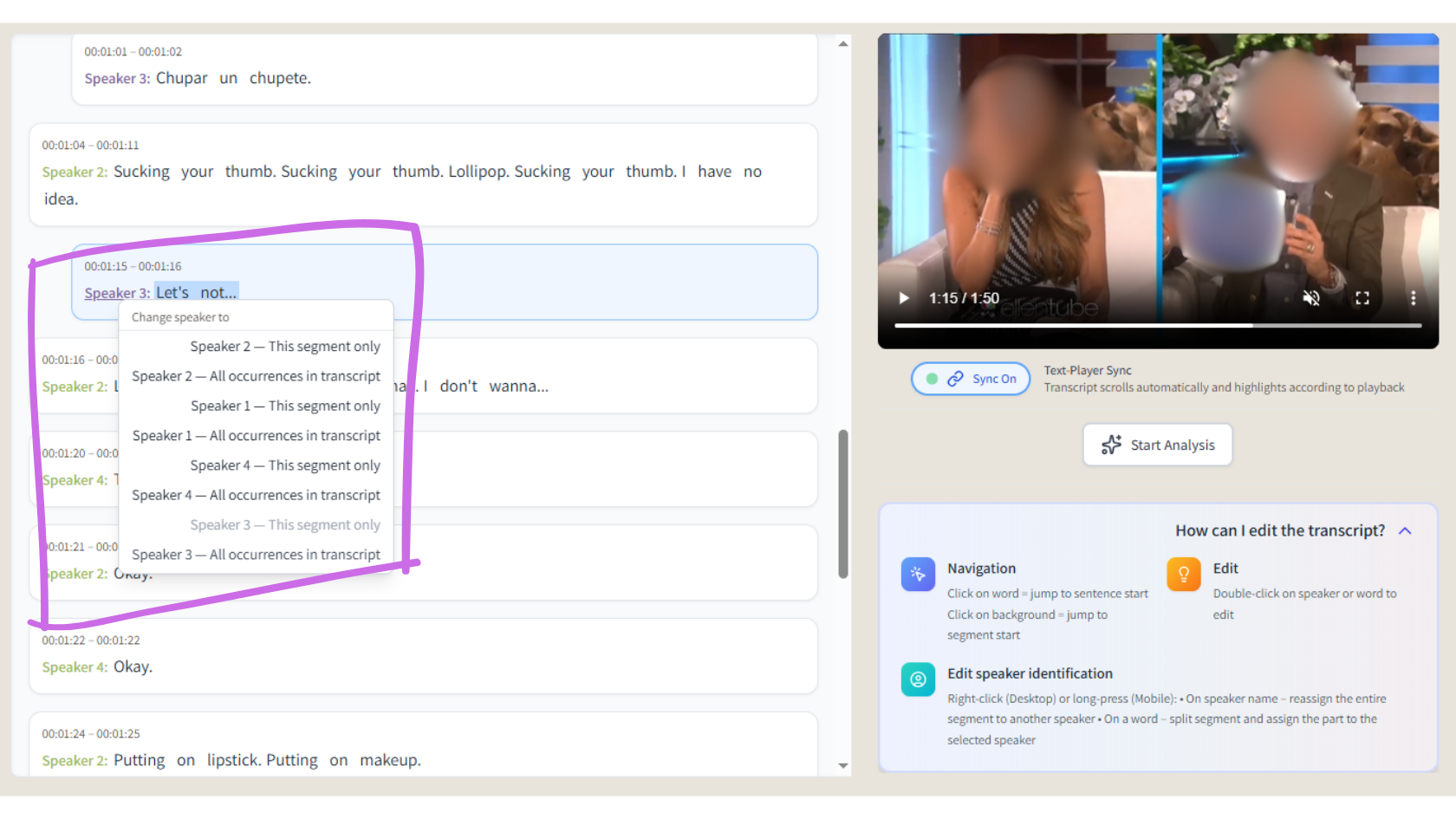 Splitting a transcript segment for accurate speaker attribution