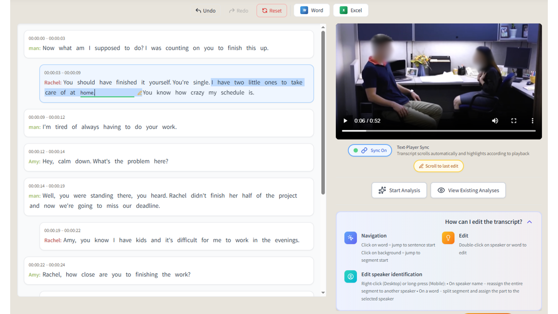 Transcript editor with speaker labels, timestamps and editing controls